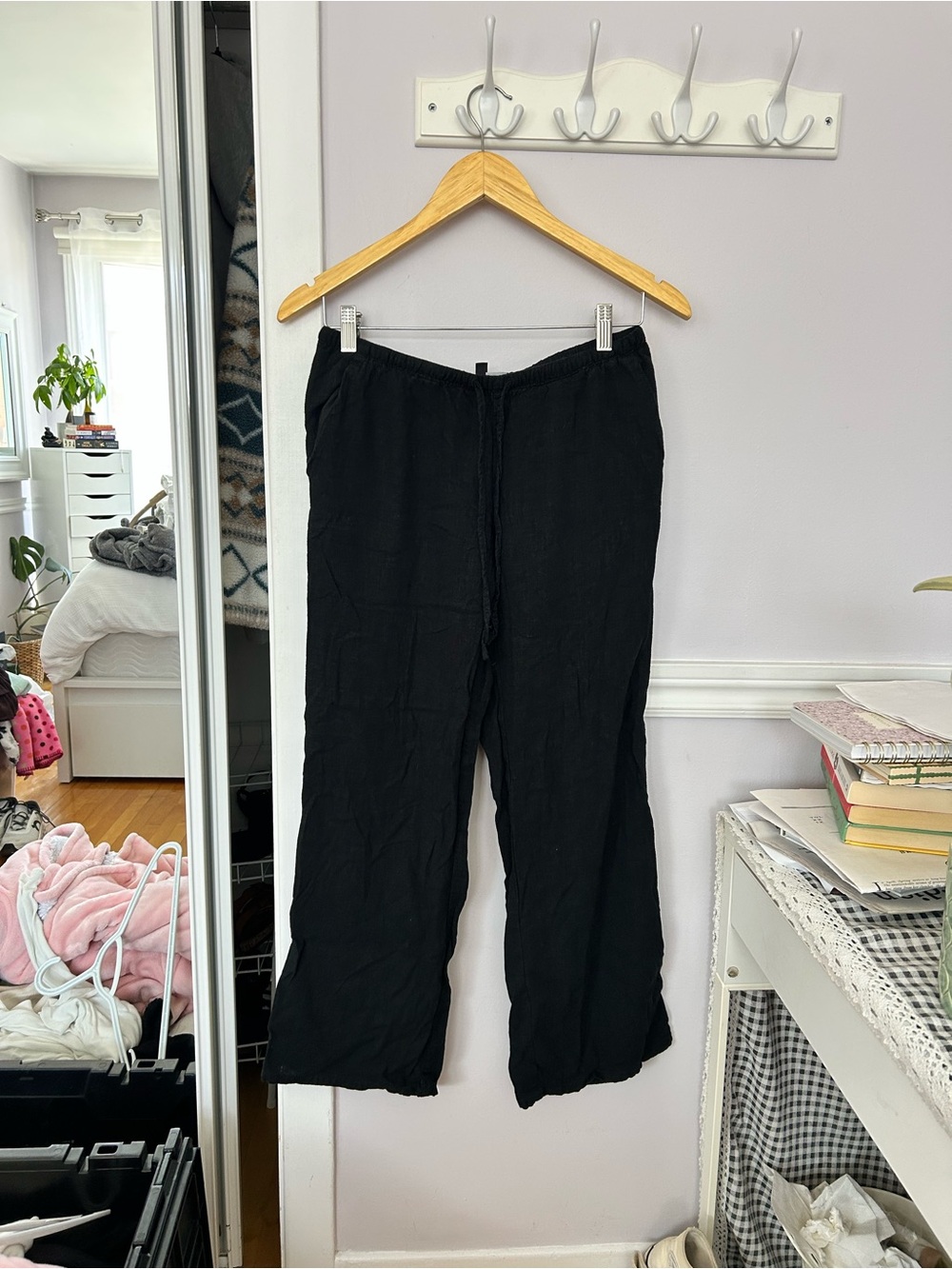 H&M Black Linen-Blend Elastic Waist Pants